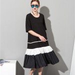   2017 Fashion New simple Black White stitching loose BIG dress female organ pleated hem wholesale Woman W0070