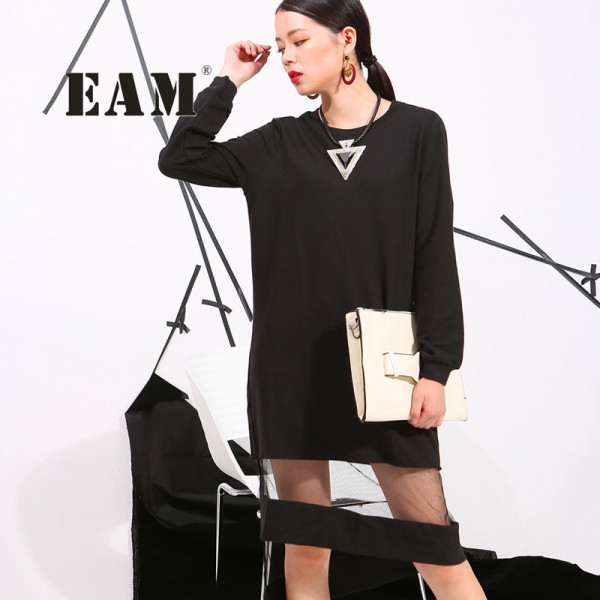   2017 hot sale long dress women fall mesh long sleeve asymmetrical stitching black dresses send spot goods 40001