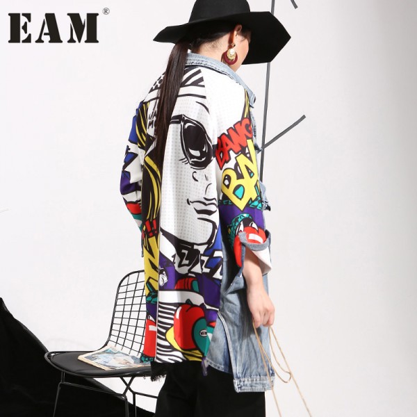   2017 new Spring spring Graffiti Splicing Cowboy Women Long-Sleeved Cardigan Long Coat Female Fashion Clothes W0145