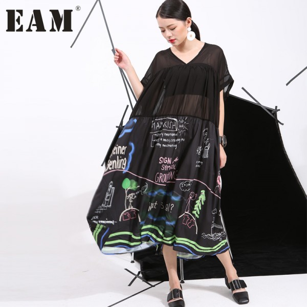   2017 summer models New graffiti print loose plus size big swing short-sleeved dress stitching bust more140cm 46791