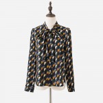   Women Blouses Autumn Elegant Geometric Print Vintage Bow Tie Shirt Women Tops Floral Clothes For Women T65228R