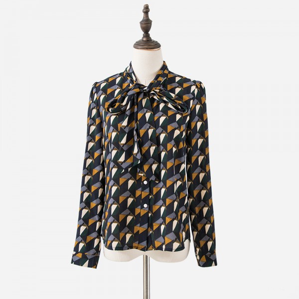  Women Blouses Autumn Elegant Geometric Print Vintage Bow Tie Shirt Women Tops Floral Clothes For Women T65228R