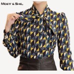   Women Blouses Autumn Elegant Geometric Print Vintage Bow Tie Shirt Women Tops Floral Clothes For Women T65228R