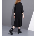  2017 Spring Summer Fashion New Black Solid Color O Neck Dress Leisure Pleated Dresses Big Size Woman T22701