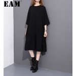  2017 Spring Summer Fashion New Black Solid Color O Neck Dress Leisure Pleated Dresses Big Size Woman T22701