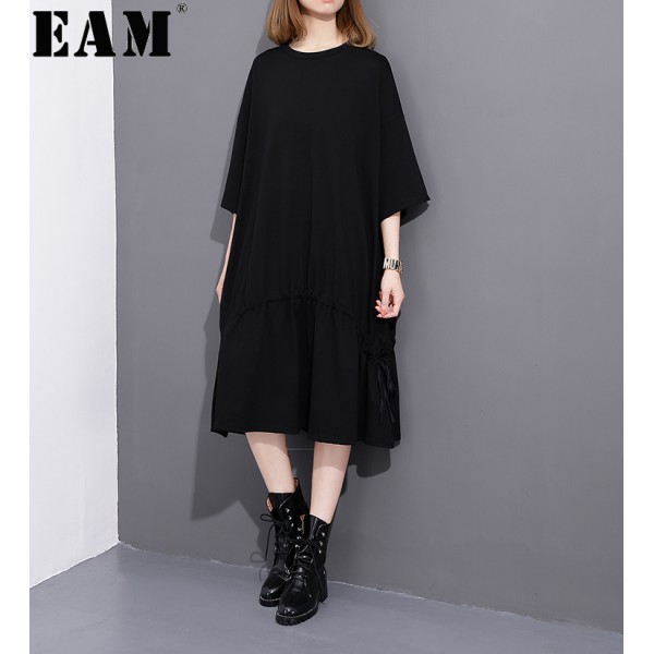  2017 Spring Summer Fashion New Black Solid Color O Neck Dress Leisure Pleated Dresses Big Size Woman T22701