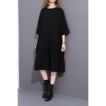  2017 Spring Summer Fashion New Black Solid Color O Neck Dress Leisure Pleated Dresses Big Size Woman T22701