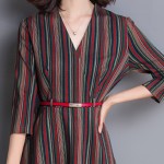  2017 spring women stripe belt elegant V neck three quarter sleeve  dress slim plus size  pullovers ladies dresses 
