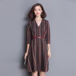  2017 spring women stripe belt elegant V neck three quarter sleeve  dress slim plus size  pullovers ladies dresses 