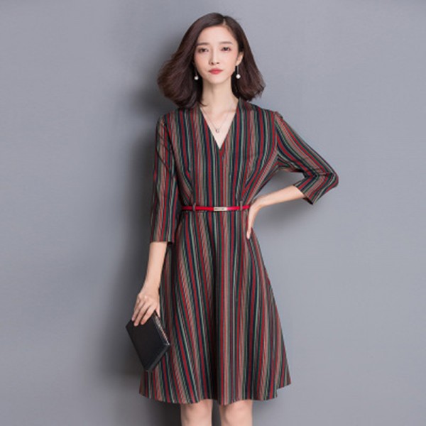  2017 spring women stripe belt elegant V neck three quarter sleeve  dress slim plus size  pullovers ladies dresses 