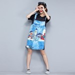  2017 summer new women dress Cartoon printed chiffon stitching long section of large yards short sleeve dress EV095XL