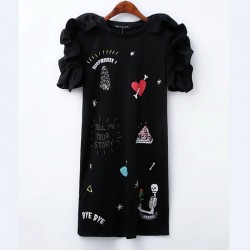  2017 women vintage ruffle decoration sweet cartoon parten print mini dress brand o neck Sequins knitting slim dresses DS023