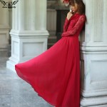  2018 high quality Spring Autumn Elegant Vintage Lace Chiffon Long Dress Slim Long Sleeve Wine Red Party Maxi Dresses Vestidos