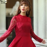  2018 high quality Spring Autumn Elegant Vintage Lace Chiffon Long Dress Slim Long Sleeve Wine Red Party Maxi Dresses Vestidos