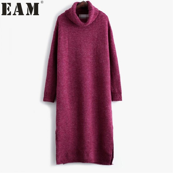  [EAM] 2017 spring European Solid color High collar Knitting Thick Long Sleeve long Sweater Dress Woman brief HA00971