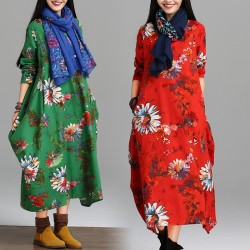  Female National Trend Plus Size Clothing Fluid Print Long-sleeve Dress Comfortable Fashion Loose Dress 