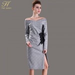  H Han Queen New Spring Autumn Plaid Patchwork Dress Business Work V-neck Sexy Bow Tunic Bodycon Sheath Casual Pencil Dresses