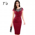  Hot Sale Elegant Lady Vintage Embroidery Hollow out Round Neck Cap Sleeve Ruched Bodycon Evening Party Pencil Dress 389