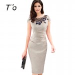  Hot Sale Elegant Lady Vintage Embroidery Hollow out Round Neck Cap Sleeve Ruched Bodycon Evening Party Pencil Dress 389