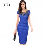  Hot Sale Elegant Lady Vintage Embroidery Hollow out Round Neck Cap Sleeve Ruched Bodycon Evening Party Pencil Dress 389