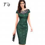  Hot Sale Elegant Lady Vintage Embroidery Hollow out Round Neck Cap Sleeve Ruched Bodycon Evening Party Pencil Dress 389