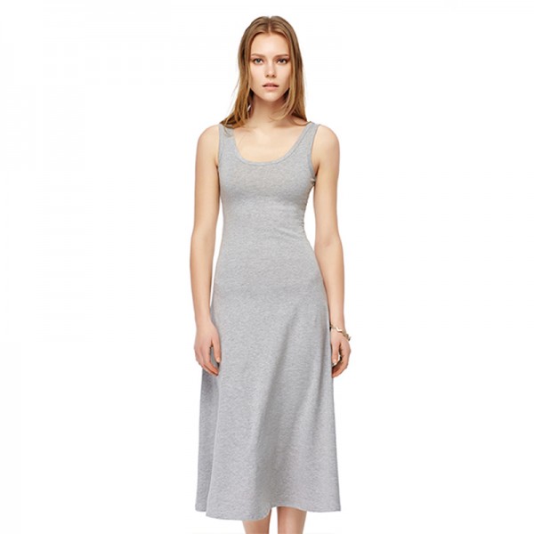  Ladies Summer New Style Grey O-Neck Dresses Women Casual T-shirt Long Dress Pure Cotton  Mid-Calf Dress 