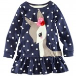  New Children Of Roe Deer Animal Print Deer Bow Long Sleeved Clothing Party Girl Clothing T-shirts And Children blue girl dress