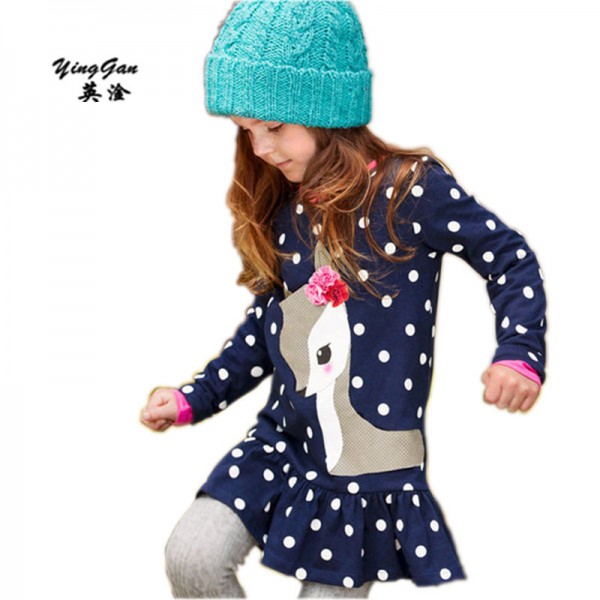  New Children Of Roe Deer Animal Print Deer Bow Long Sleeved Clothing Party Girl Clothing T-shirts And Children blue girl dress