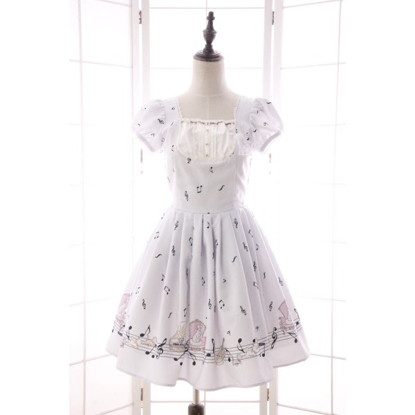  Summer New Mori Girl Dress Sweet Musical Note Printed Short Puff Sleeve Dress for Women