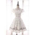  Summer New Mori Girl Dress Sweet Musical Note Printed Short Puff Sleeve Dress for Women