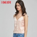  Tangada women tank top sexy Satin Look Silk Tanks Strappy backless girls camisole Beach short crop tops 2017 Pink camis 5D6