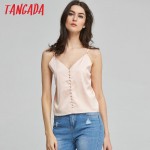  Tangada women tank top sexy Satin Look Silk Tanks Strappy backless girls camisole Beach short crop tops 2017 Pink camis 5D6