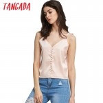  Tangada women tank top sexy Satin Look Silk Tanks Strappy backless girls camisole Beach short crop tops 2017 Pink camis 5D6