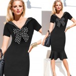  V Neck Pinup Rockabilly Bowknot Vintage Polka Dot Office Lady Casual Work Party Sheath Bodycon Pencil Dress 96