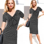  V Neck Pinup Rockabilly Bowknot Vintage Polka Dot Office Lady Casual Work Party Sheath Bodycon Pencil Dress 96