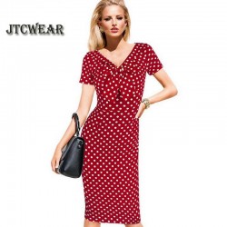  V Neck Pinup Rockabilly Bowknot Vintage Polka Dot Office Lady Casual Work Party Sheath Bodycon Pencil Dress 96