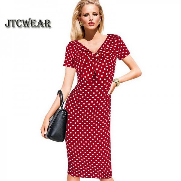  V Neck Pinup Rockabilly Bowknot Vintage Polka Dot Office Lady Casual Work Party Sheath Bodycon Pencil Dress 96