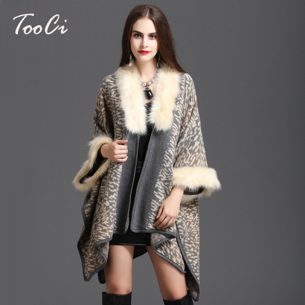  Winter Women Sweater Cardigan Female   High Quality  Faux Fox Fur Collar Poncho Cape Wool Shawl Cape 3 Colour