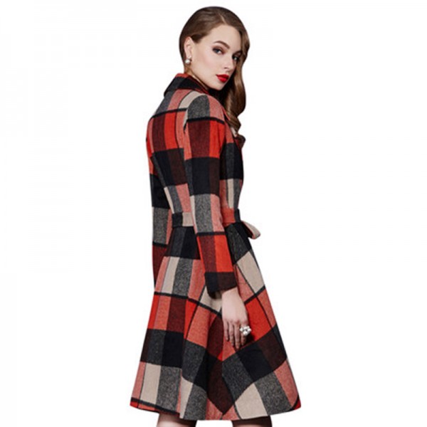  Women Elegant Plaid Wool Coat Fashion Winter Jacket Loose Casual Long Grid Woolen Overcoat Plus Size 