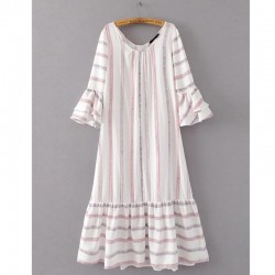  Women Mixed-color Striped Maxi Dress O Neck Butterfly Sleeve Sundress Casual Cotton Linen Summer Dresses SYJZ0884 