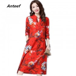  fashion cotton linen vintage print  women casual loose long autumn spring dress vestidos femininos party 2018 dresses