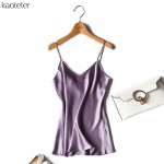 100% Pure Silk Women's Camis Fashion Simple Women Halter Tops Purple V Collar Female Camisoles Woman Sleeveless Silk Satin