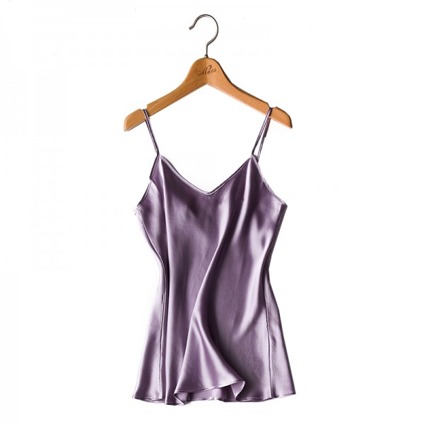 100% Pure Silk Women's Camis Fashion Simple Women Halter Tops Purple V Collar Female Camisoles Woman Sleeveless Silk Satin