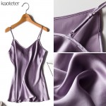 100% Pure Silk Women's Camis Fashion Simple Women Halter Tops Purple V Collar Female Camisoles Woman Sleeveless Silk Satin