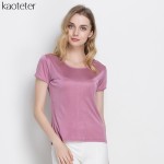 100% Pure Silk Women's T-Shirts Femme Tops Tees Shirt Women Casual Solid Candy Color Female Short Sleeve Fashion Ladies Shirts