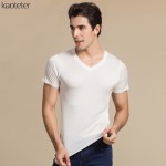 100% Real Silk Man's T-shirts Short Sleeve V Neck Man Wild Black White Solid Color Male Bottoming Tee Sweater Shirts Tops