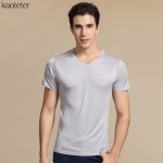 100% Real Silk Man's T-shirts Short Sleeve V Neck Man Wild Black White Solid Color Male Bottoming Tee Sweater Shirts Tops