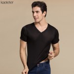 100% Real Silk Man's T-shirts Short Sleeve V Neck Man Wild Black White Solid Color Male Bottoming Tee Sweater Shirts Tops
