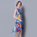 100% SIlk Dress Pure Silk Fabric Women Dresses Official Lady Dress Printed Blue Pattern