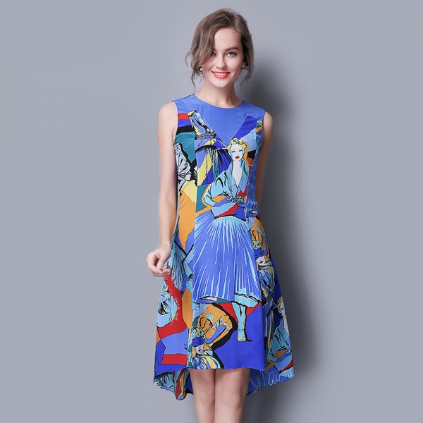 100% SIlk Dress Pure Silk Fabric Women Dresses Official Lady Dress Printed Blue Pattern
